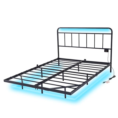 Domus Homeware Floating King Size Platform Bed Frame with LED Lights & Charging Station - Includes Powered Screwdriver for Assembly, Mattress Fasteners & Corner Pads, Hardened Steel Domus Homeware