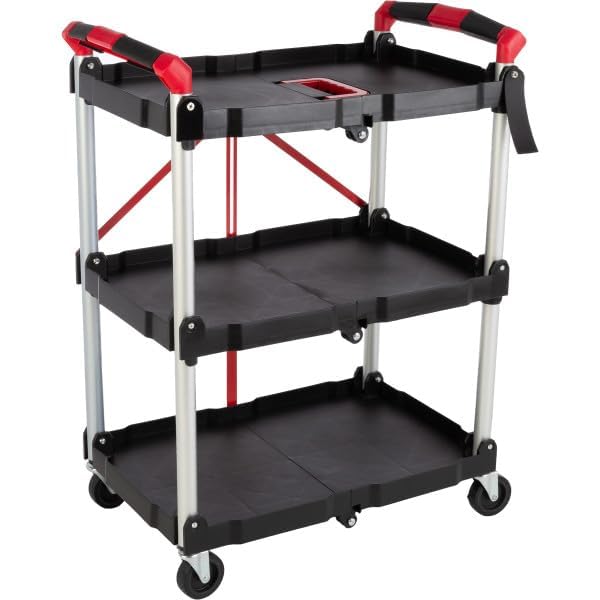 Collapsible Cart - Portable and Lightweight Folding Service Cart with 50lb Capacity Per Shelf - Multi Use Foldable Trolley with Wheels by Stalwart Stalwart