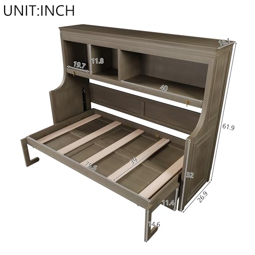 LUMISOL Twin Size Murphy Bed with Built-in Desk & Storage Shelves, Horizontal Wall Bed with Storage, Space-Saving Wall Bed for Home Office, Guest Room, Apartments,Gray LUMISOL
