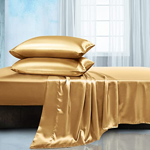 Manyshofu Satin Twin Sheets Set 3 Piece - Soft Silky Satin Sheets Set, Camel Gold Satin Bed Sheet Cooling & Luxury Bedding Sheet Set(1 Fitted Sheet, 1 Flat Sheet, 1 Pillow case) Manyshofu