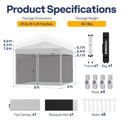 VIVOHOME 10x10ft Easy Pop-Up Canopy, Outdoor Screen Tent with Mosquito Netting, 2 Zipper Doors, and Roller Bag for Yard Camping Picnic Party Events, White VIVOHOME