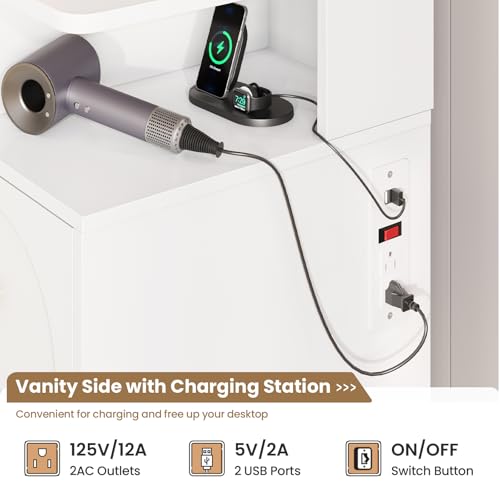 Hasuit White Vanity Desk with Mirror and LED Lights, Large Makeup Vanity Desk with 7 Drawers, Storage Shelves and RGB Glass Cabinet, Dressing Table for Bedroom with Charging Station, Lights Adjustable Hasuit