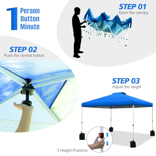 WEIZE Pop up Canopy Tent 10x10ft, 1-Button Push Setup, Instant Portable Shelter, Adjustable Height, Portable Roller Bag, 4 Weight Bags, Guy Ropes & Stakes Included Blue WEIZE