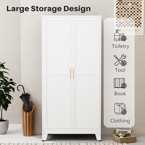 winiowa White Wardrobe Closet with 2 Doors, 71" Tall Metal Clothing Storage Cabine with Hanging Rod, Bedroom Armoires with Adjustable Shelves for Bedroom, Laundry Room, Home Office winiowa