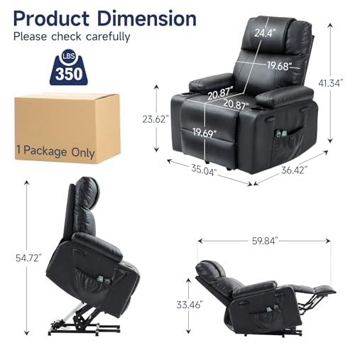 Brage Living Power Lift Recliner Chair for Elderly with Massage & Heat, 160° Adjustable PU Leather Electric Recliner with Remote, Cup Holders, Side Pockets, and Stand Assist for Living Room (Black)
