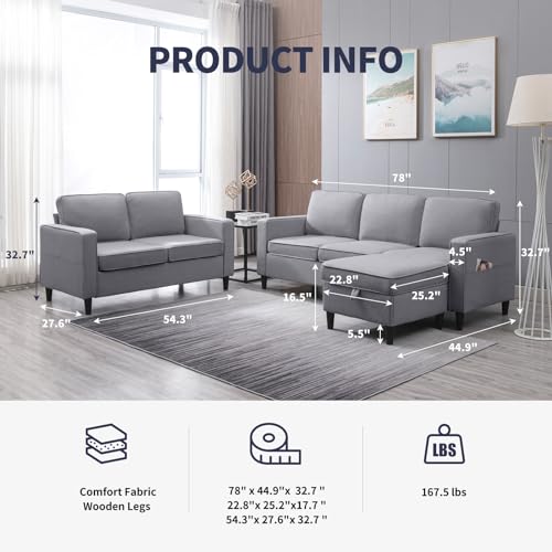 ijuicy 2PCS Sectional Sofa Set,3 Seat Couch & Loveseat Sofa with Side Pockets & Movable Storage Ottoman, Modern Convertible Upholstered Couches for Living Room,Office (3+2Seat/Light Grey) ijuicy