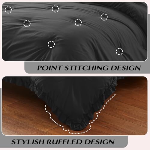HARBOREST Lightweight 2 Pieces Black Ruffle Bed Set Vintage Farmhouse Soft Comforter Set Twin with 1 Pillow Shams(Twin/Twin XL, 66x92 inches, Black) HARBOREST