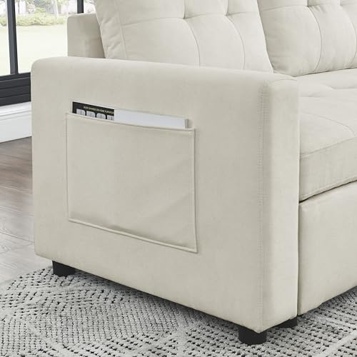 L-Shaped Reversible Sleeper Sectional Sofa Pull Out Couch Bed , Button Tufted Linen Convertible Pullout Sofabed with Storage Chaise Lounge and Detachable Cushion Back for Living Room Apartment Corner Eafurn