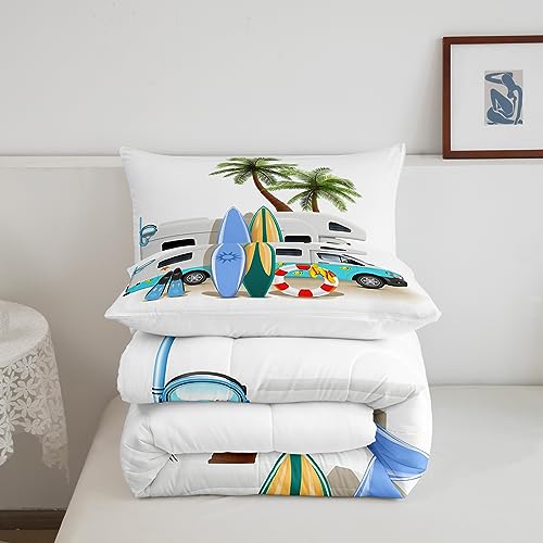 Erosebridal Ocean Beach Down Comforter Full Size, Cartoon Surfboard Bus Bedding Set, Palm Trees Comforter Set for Kids Boys Girls Teens, Tropical Coastal Summer Holiday Duvet Insert Bedroom Decor Erosebridal