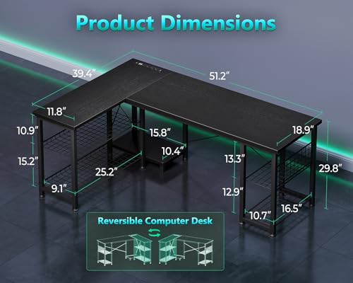 Casaottima 51 Inch L Shaped Gaming Desk with Shelves & Power Outlets, Reversible Computer Desk with Storage Shelves for Home Office, Black Casaottima