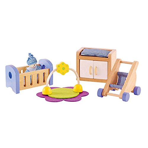 Hape Wooden Doll House Furniture Baby's Room Set with Baby| Pretend Playset for Kid’s Wooden Dollhouse Hape