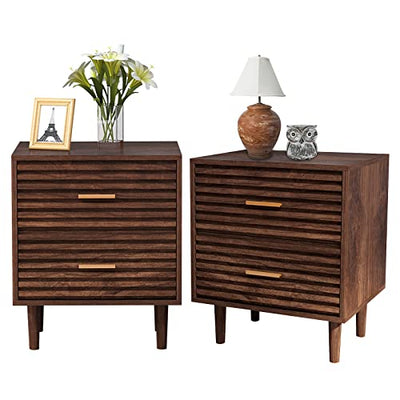 Nightstands Set of 2 End Table with 2 Drawers, Bed Side Table for Bedroom, Mid Century Modern Side Table with Storage Vintage Wood Accent Table for Living Room, Rustic Brown (2 Pack)