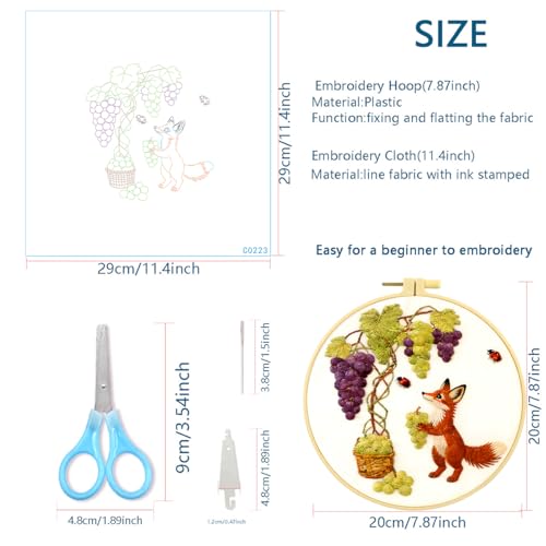 Zhenqing Fox and Grape Vine Embroidery Kit for Beginners, Pre-Printed 29x29cm Circular Cotton Fabric with 20cm Hoop, Whimsical Garden Scene (C0223)