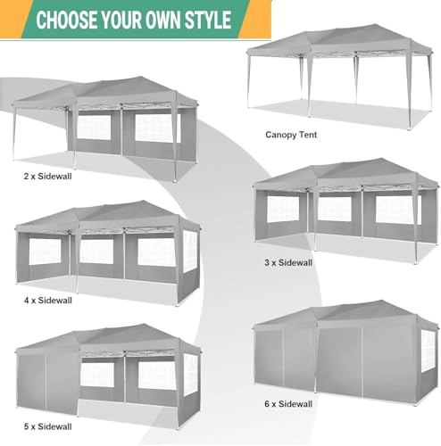 COBIZI 10x20 Pop Up Canopy Tent with 6 Sidewalls Party Tents for Parties Weddings Backyard Waterproof Commercial Instant Outdoor Events Tent with Stakes, Ropes(10 x 20 ft Gray COBIZI