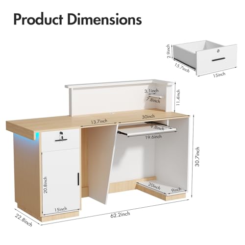 Kikihouse Modern Reception Desk with LED, 63” Fluted Front Desk with Lockable Drawer, Cabinet and Sliding Tray, Large Reception Counter Table for Office Lobby Nail Salon Clinic (Maple) Kikihouse