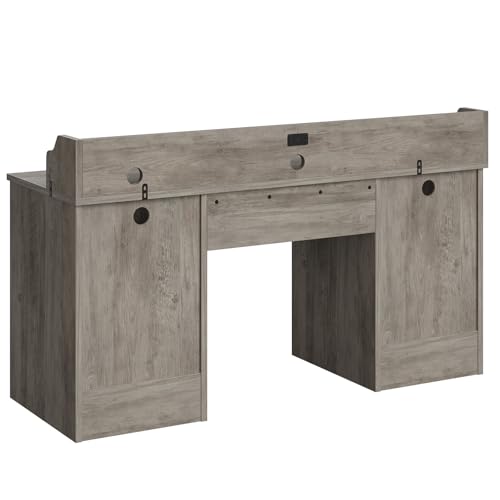 Bestier Farmhouse 59" Executive Desk with Drawers, Wood Computer Desk with Charging Station, Home Office Desk with Keyboard Tray & Monitor Stand, Sturdy Pedestal Desk for Work Study, Grey Bestier