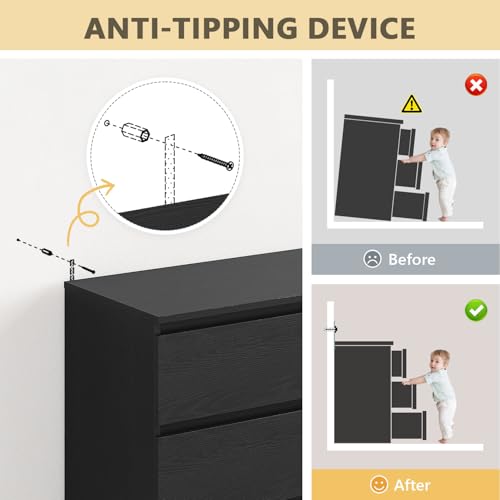 59'' Modern 6 Drawer Dresser, Black Dresser for Bedroom, Wide Chest of Drawers with Minimalist Design, Smooth Metal Slides & Sturdy Base, Wood Long Dresser, Double Drawer Dresser for Closet HarmonyHues