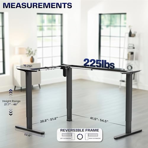 VIVO Space Efficient Electric Single Motor Height Adjustable 3-Leg Corner Standing Desk Frame, Holds up to 225 lbs, Sit Stand L-Shaped Motorized Legs Only, Black, DESK-E347B VIVO