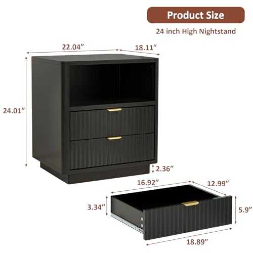 Fluted Nightstands Set of 2, Black Night Stands with 2 Drawers and Open Shelves, Wooden Nightstand Modern Design Night Stand for Bedroom Sofa Office (2, Black) ROCSUMOO