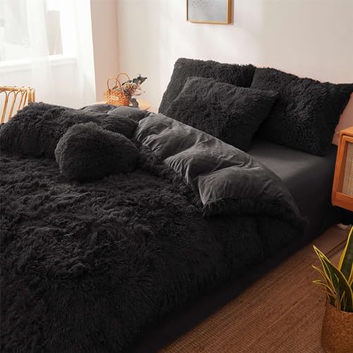 FOPPA Fluffy Black comforters Cover Twin Size - Ultra Soft Plush Bedding Sets 2 Pieces (1 Faux Fur Comforter Cover + 1 Fuzzy Pillow case) Girls Shaggy Bed Set (Black, Twin) FOPPA