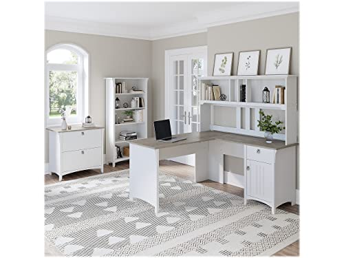 Bush Business Furniture Salinas 60W L-Shaped Desk Set with Hutch, File Cabinet, and Bookcase in Shiplap Gray and Pure White Bush Business Furniture