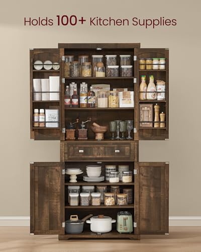 VASAGLE Pantry Cabinet, 15.7 x 30 x 71.7 Inches, Freestanding Tall Cupboard Storage Cabinet with a Drawer, 2 Cabinets, 6 Adjustable Shelves, for Living Room, Kitchen, Deep Brown UBBK561K01 VASAGLE