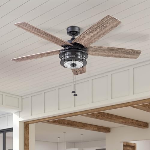 Honeywell Ceiling Fans Foxhaven Farmhouse 52 Inch Ceiling Fan with Light, Outdoor Fan/Indoor Dual-Mount LED Ceiling Fan, 5 Blades, Gray Cedar and Walnut Blade Finish Options, Matte Black (51631-01) Honeywell Ceiling Fans