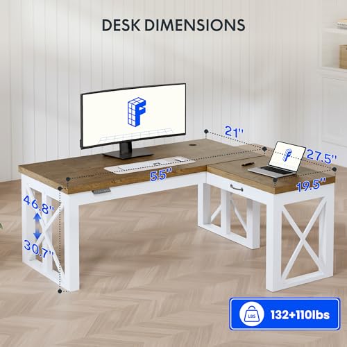 FLEXISPOT L-Shaped Executive Electric Standing Desk, 55"x48" Wood Farmhouse Home Office Height Adjustable Corner Desk with Drawer (3 Packages) FLEXISPOT