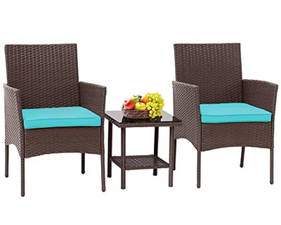 FDW 3 Piece Outdoor Furniture Set Patio Brown Wicker Chairs Furniture Bistro Conversation Set 2 Rattan Chairs with Blue Cushions and Glass Coffee Table for Porch Lawn Garden Balcony Backyard