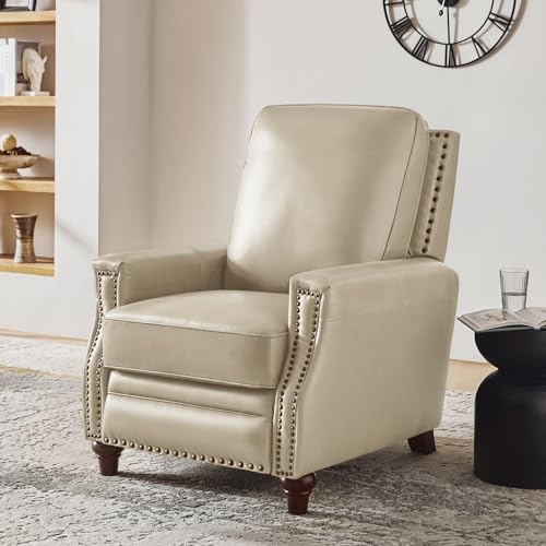 HULALA HOME Genuine Leather Manual Recliner Chair with Adjustable Backrest & Footrest, Mid Century Modern Push Back Recliner with Nailhead Trim & Wood Legs-for Living Room Home Theater, Beige