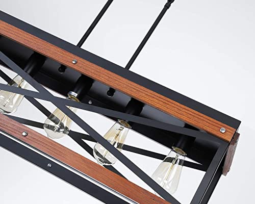 Rustic Farmhouse Kitchen Island Lighting, Wood and Metal Linear Chandelier, 5 Lights Industrial Pendant Light Fixture for Kitchen Island Dining Room Living Room Table, Black Fivess Lighting