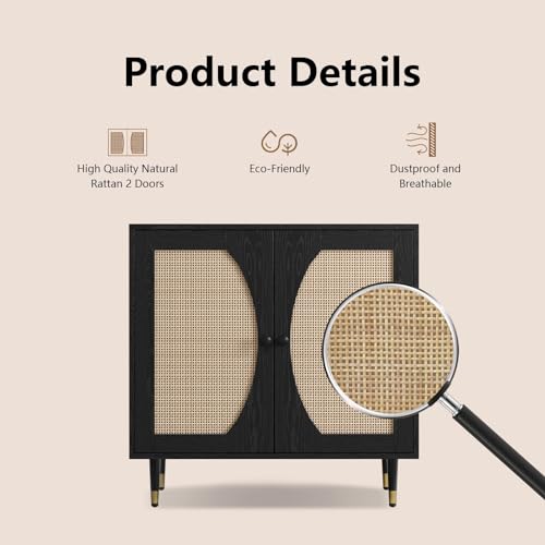 Black Buffet Sideboard Cabinet, Rattan Sideboard with Natural Rattan Doors, Black Rattan Console Table with Storage, Modern Accent Buffet Cabinet with Adjustable Shelves for Living Dining Room 4ever2buy