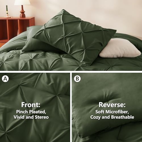 CozyLux Queen Comforter Set Olive Green, 7 Pieces Pintuck Bed in A Bag, Premium Green Comforter Queen Size, Pinch Pleat Bedding Sets with Comforter, Sheets, Pillowcases & Shams CozyLux