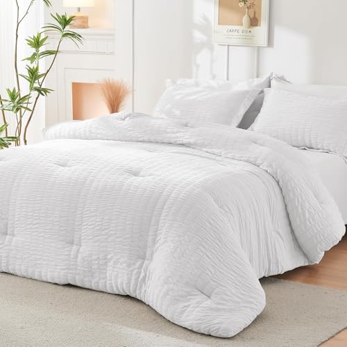 HYMOKEGE White Queen Comforter Set Seersucker 7 Pieces, All Season Luxury Bed in a Bag for Bedroom, Bedding Set with Comforters, Sheets, Pillowcases & Shams HYMOKEGE