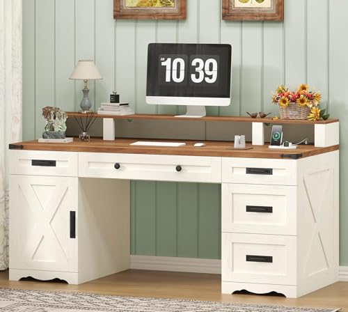 YOMILUVE Farmhouse Executive Desk with Drawers & Storage Shelves, 55" Computer Desk with Power Outlets, Home Office Desk with Monitor Stand & File Drawers, Writing Study Table, Antique White YOMILUVE