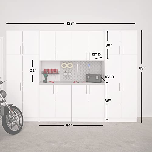 Prepac Elite Functional 8-Piece Garage Cabinets and Storage System Set G, Simplistic Garage Closet Shop Cabinets 16" D x 128" W x 89" H, White, WRSX-1016-8M Prepac