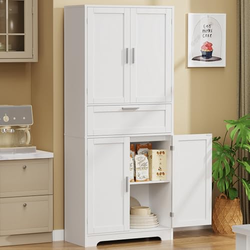 Iwell Tall Storage Cabinet with Adjustable Shelf & 1 Large Drawer, Pantry Cabinet with 4 Doors, Bathroom Cabinets, Kitchen Cabinets for Dining Room, Living Room, Home Office, White Iwell
