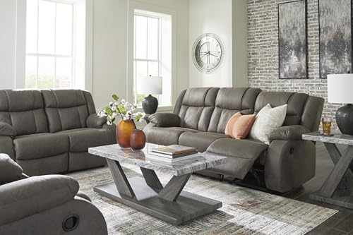 Signature Design by Ashley First Base Contemporary Faux Leather Manual Reclining Loveseat, Gray Signature Design by Ashley