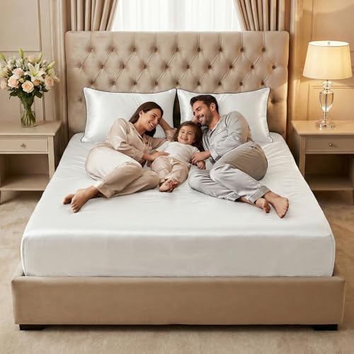 Thmyo 3-Piece Satin Bedding Set,Satin Fitted Sheet with Pillowcases,Soft Comfort Hypoallergenic Breathable Bedding Set (1 Fitted Sheet+2 Pillowcases) (White, Full) Thmyo