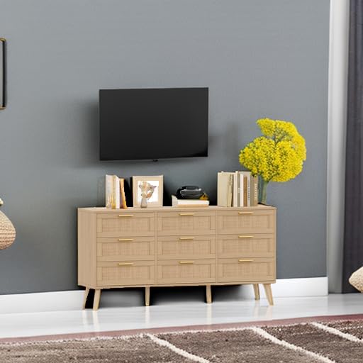 Rovaurx 9 Drawer Double Dresser for Bedroom, Rattan Chest of Dressers, Modern Wooden Dresser Chest with Golden Handles, Beside Table for Closet, Living Room and Entryway, Natural Rovaurx
