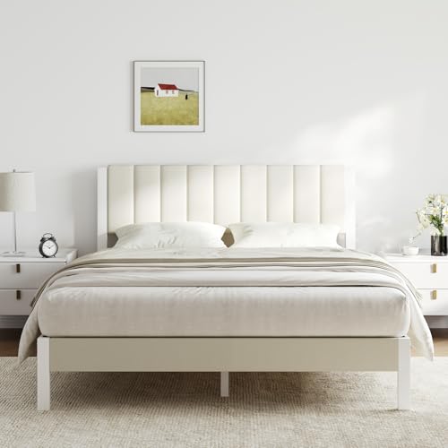 Novilla Full Bed Frame with Piano Keys Headboard and Footboard, Metal Platform Bed Frames Full Size, No Box Spring Needed, Easy Assembly, Steel Slats Support, Velvet White Novilla