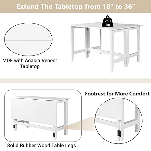 LUMISOL Extendable Dining Room Table for 4, Small Folding Drop Leaf Kitchen Dining Table, 18–36 inch, Space-Saving, Easy Assembly, White LUMISOL