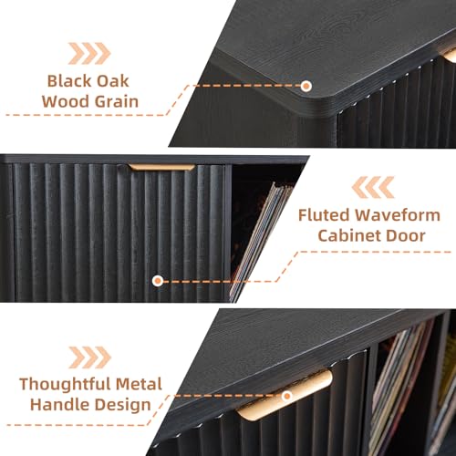 LEYAOYAO Large Record Player Stand with Vinyl Storage Up to 450 Albums, Wood Fluted Boho Record Storage Accent Cabinet, Modern Stereo Media Cabinets, Wide Turntable Stand for Living Room, Black Oak LEYAOYAO