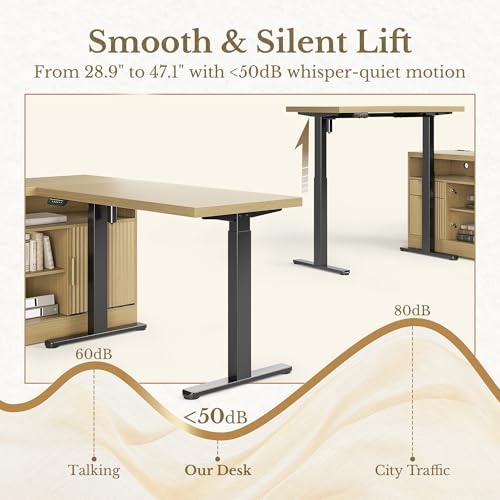 Perledesign Height Adjustable Electric Standing Desk, 67 x 24 Inches Sit Stand up Desk with 2 File Cabinets, AC/USB, 1.18" Desktop, L Shaped Fluted Computer Desk for Home and Office, Light Walnut Perledesign