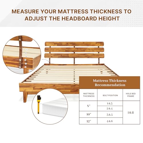 Bme Caden 15 Inch Deluxe Bed Frame with Adjustable Headboard - Mid Century, Retro Style with Acacia Wood - No Box Spring Needed - 12 Strong Wood Slat Support - Easy Assembly - Caramel, King Bme
