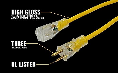 Yellow Jacket Heavy Duty Extension Cord, 100Ft, 12 Gauge, 3 Conductor, Lighted End, Weather Resistant, SJTW, Yellow, 2885 Yellow Jacket