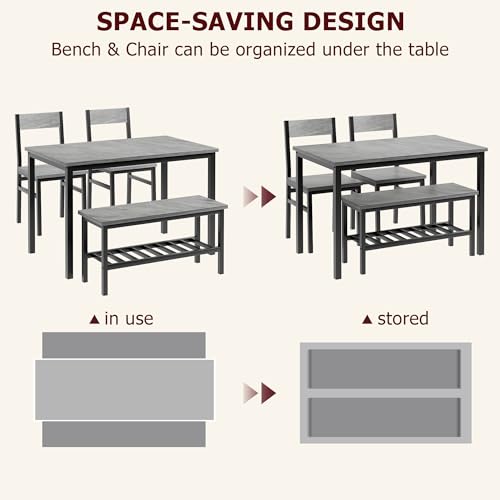 GAOMON Dining Table Set for 4, Modern Kitchen Table with 2 Chairs and Bench for Small Space, 4-Person Dining Room Table Set with Metal Frame and Storage Rack, Dinette Set for Apartment, Gray GAOMON