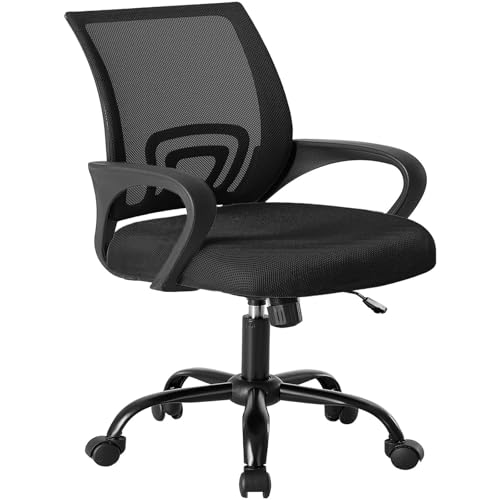 DUMOS Office Desk Chair - Ergonomic Mid Back with Lumbar Support & Rocking Mode, Height Adjustable with Fixed Armrest, Storage Back for Computer, Gaming, Conference, Meeting, 360° Swivel, Black DUMOS