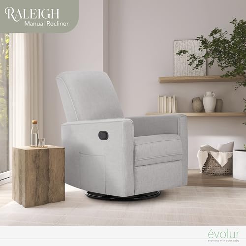 Evolur Raleigh Glider in Fog, Upholstered Plush Seating 360° Swivel Glider Rocking Chair, FSC Certified, Greenguard Gold & JPMA Certified Nursery Glider Recliner Evolur