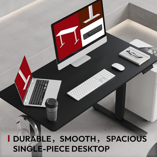 SANODESK Electric Standing Desk 55 x 28 Inches Whole-Piece Desktop Height Adjustable Stand Up Desk w/6-Button Controller Ergonomic Computer Desk for Home Office, Black Frame + Black Tabletop SANODESK